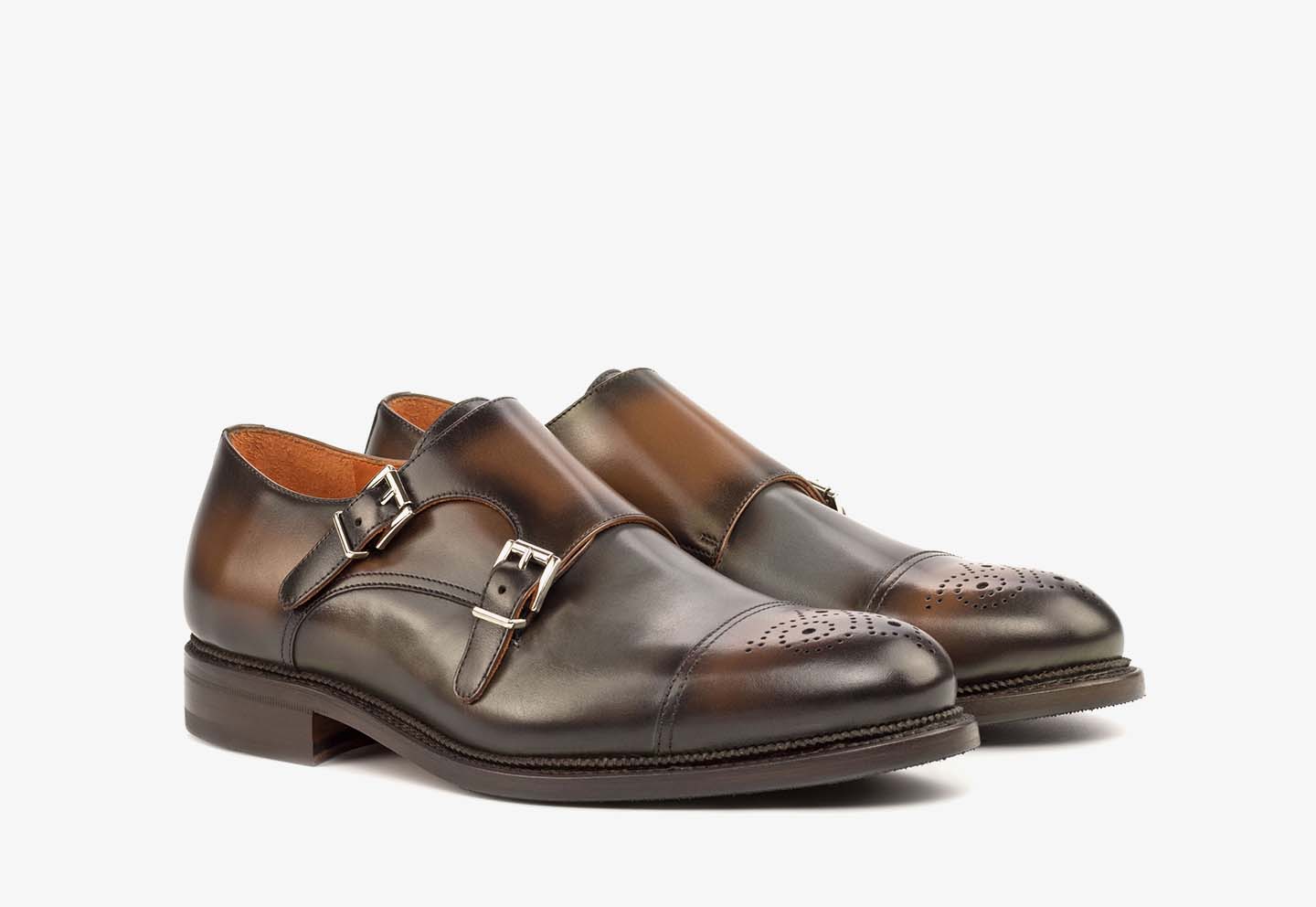 Double Monk cognac box calf, grey painted full grain, grey painted croco